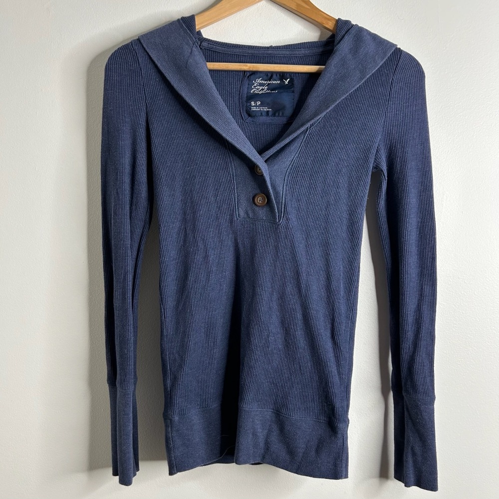 Y2K American Eagle Long Sleeve Waffle Knit Hooded Henley Shirt‎ Sz SP Blue 90s